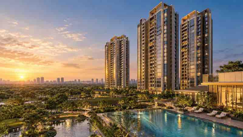 L&T Aravista towers and swimming pool at golden hour, Sector 86 Gurugram